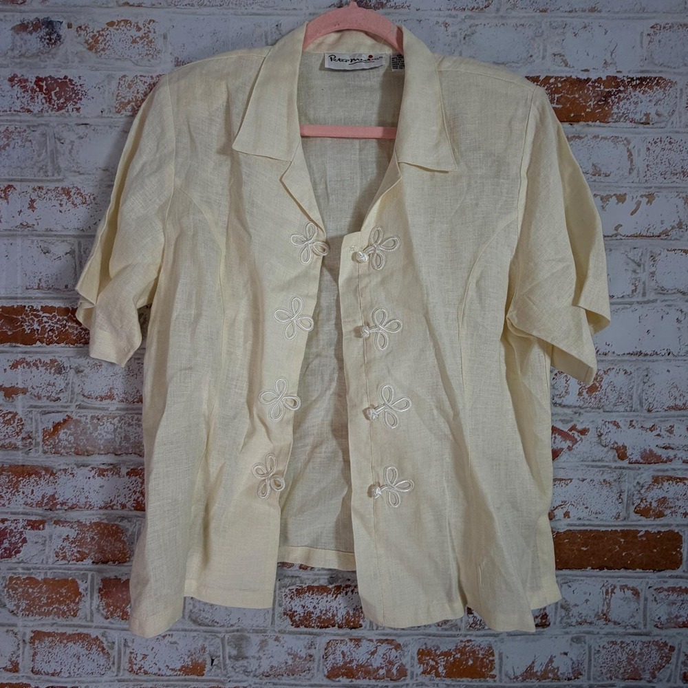Peter Martin Linen Shirt Women 12 Cream Frog Knot Button Vintage Short Sleeve